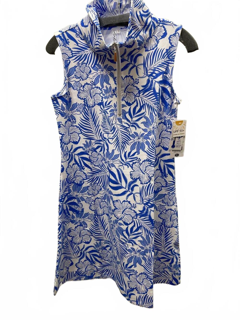 NEW LULU-B women's sleeveless zip swing dress in blue/white